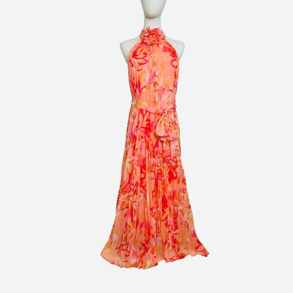 Alex Marie Jane Orange Floral Pleated Halter Midi Dress Size SZ:6. Wedding Guest